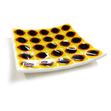 Load image into Gallery viewer, Dancing Squares Fused Glass Plate - Black, Red, White &amp; Yellow
