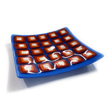 Load image into Gallery viewer, Dancing Squares Fused Glass Plate - Blue, Orange, Red &amp; White
