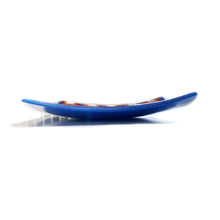 Load image into Gallery viewer, Dancing Squares Fused Glass Plate - Blue, Orange, Red &amp; White
