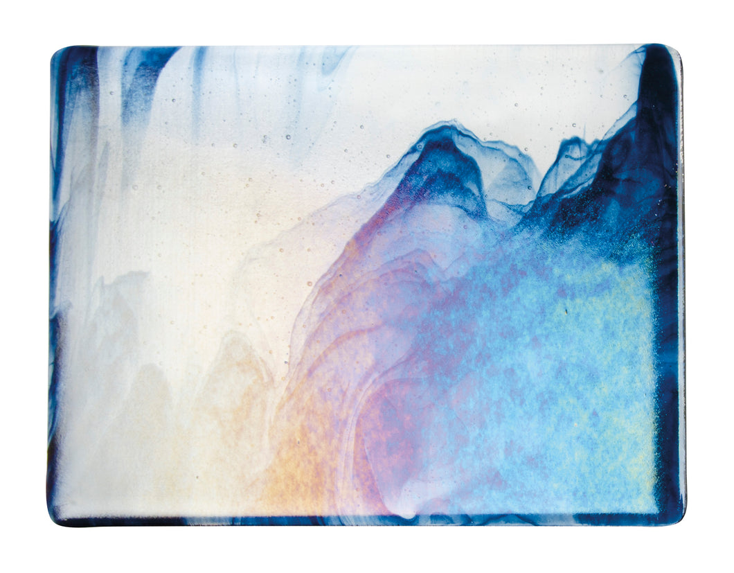 Large Sheet Glass - 2140 Aventurine Blue, Clear Iridescent Rainbow - Streaky