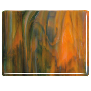 Large Sheet Glass - 3123 White, Orange, Deep Forest Green - Streaky