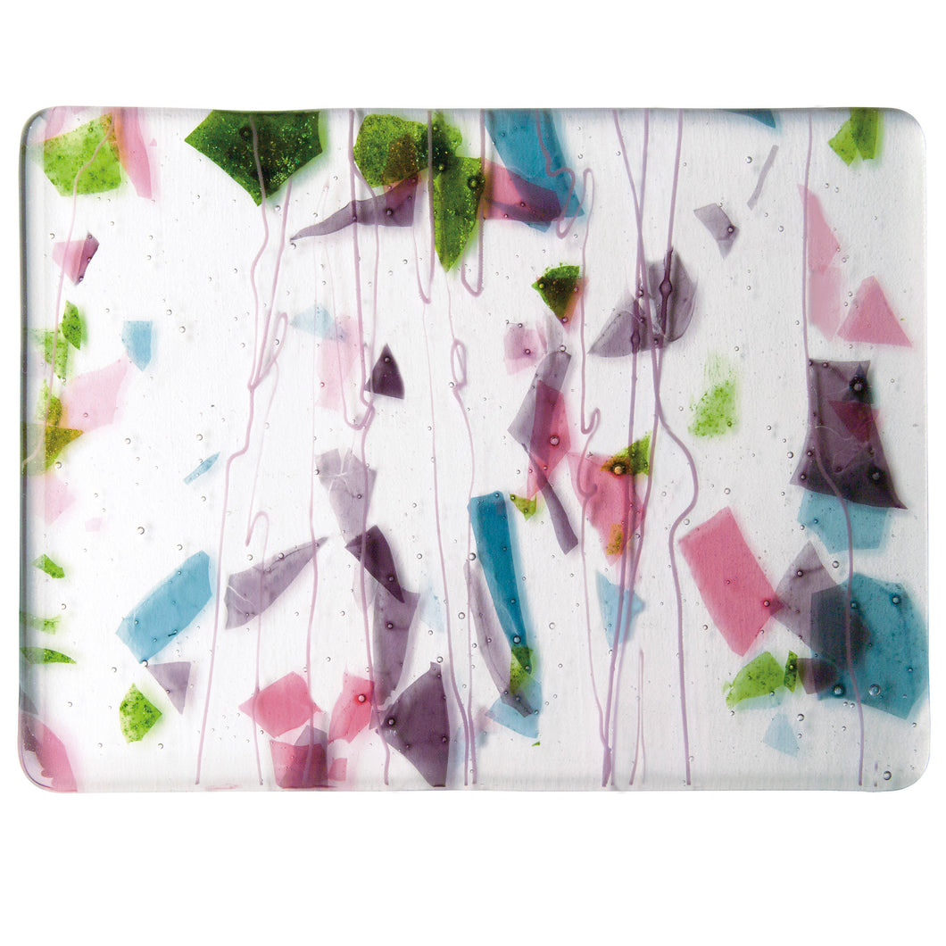 Large Sheet Glass - 4128 Deep Pink, Plum, Spring Green, Aqua (with Pink Streamers) on Clear - Fracture-Streamer