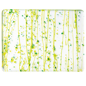 Large Sheet Glass - 4212 Dark Green, Spring Green, Yellow Frit, Spring Green Streamers on Clear - Mardi Gras