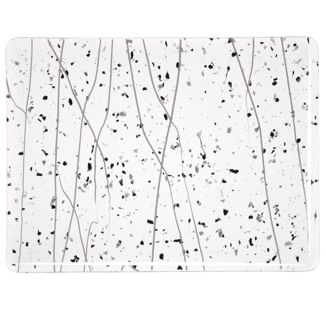 Large Sheet Glass - 4218 Gray, Black Frit, White Streamers on Clear - Mardi Gras